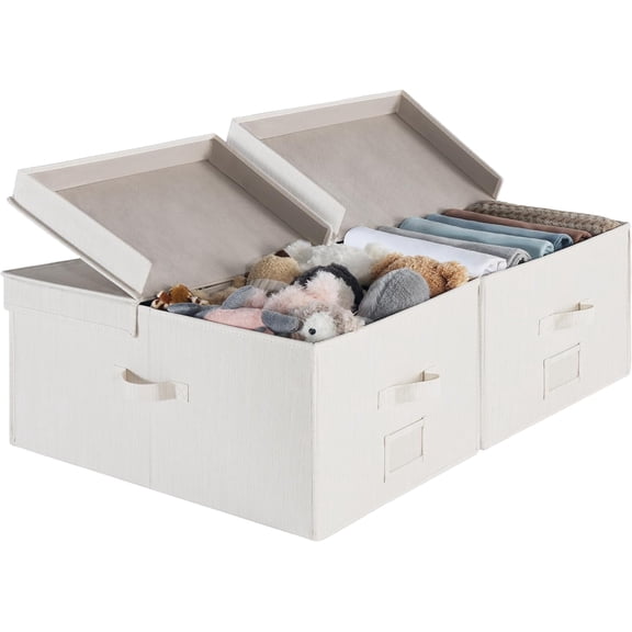 Extra Large Fabric Storage Bins with Lids, 55L, Double-Open Lid, Divider Board, Handles, Beige White Ivory Mix, Jumbo, 2-Pack