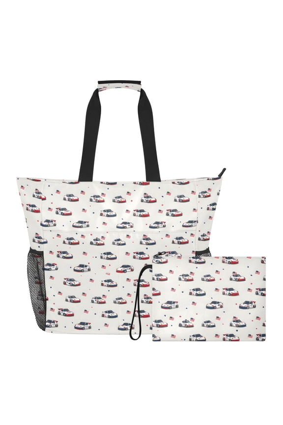 Extra Large Falg Racing Car Beach Bag for Women Waterproof Tote with Zipper Pockets