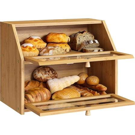 Extra Large Farmhouse Bread Box for Kitchen Countertop, Double Layer Bamboo Wooden Bread Storage Bin, Natural