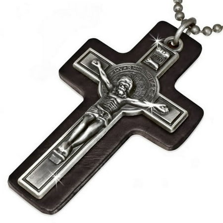 Extra Large Fashion Alloy Brown Leather Silver-Tone Religious Cross Mens Pendant Necklace