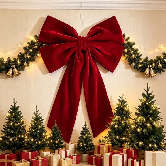 Extra Large Flannel Christmas Bow 27.56x37.4In Wide Red Ribbon,Oversized Velvet Bow with Full Three-Dimensional Shape for Tree Door,Festive Holiday Decor&Gift Wrapping Accent for Xmas Celebrations
