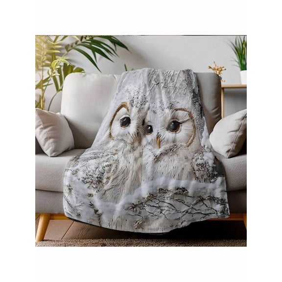 Extra Large Flannel Plush Blanket - Soft White Owl Print with Snowy Owl & Branches - All-Season Luxury Bedspread, Couch Throw, Camping Blanket - Machine Washable Polyester