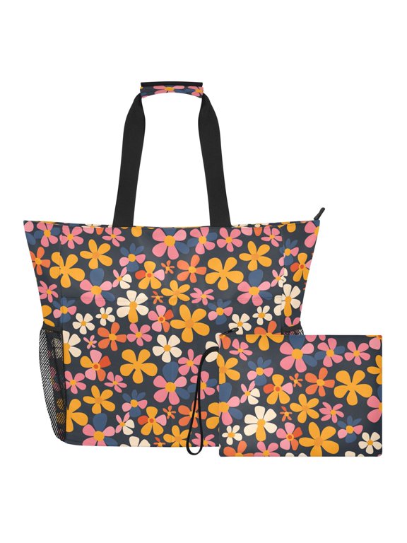 Extra Large Floral Groovy Vector Beach Bag for Women Waterproof Tote with Zipper Pockets
