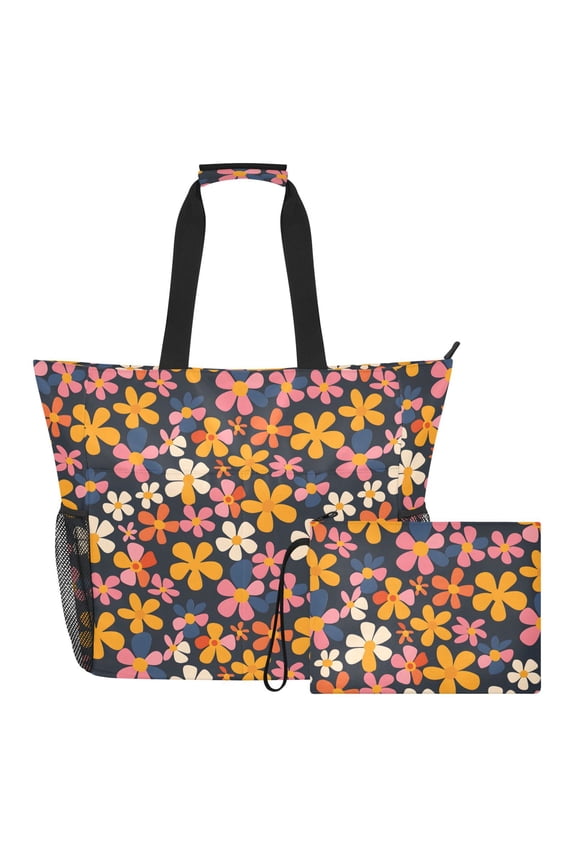 Extra Large Floral Groovy Vector Beach Bag for Women Waterproof Tote with Zipper Pockets