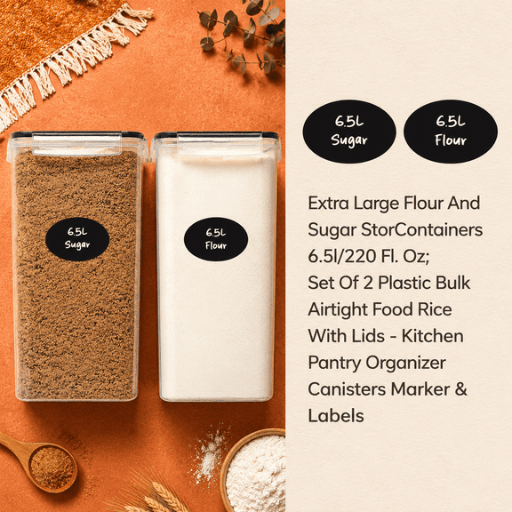 Extra Large Flour And Sugar Storcontainers 6.5l/220 Fl. Oz; Set Of 2 Plastic Bulk Airtight Food Rice With Lids - Kitchen Pantry Organizer Canisters Marker & Labels