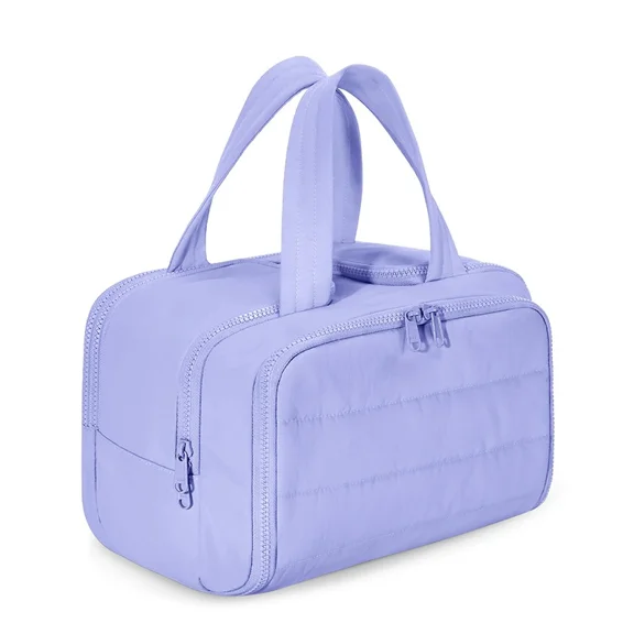 Extra Large Fluffy Makeup Bag with Handle, Multiple Compartments, Double-Sided Open Design for Travel Toiletries & Cosmetics Organizer,Purple