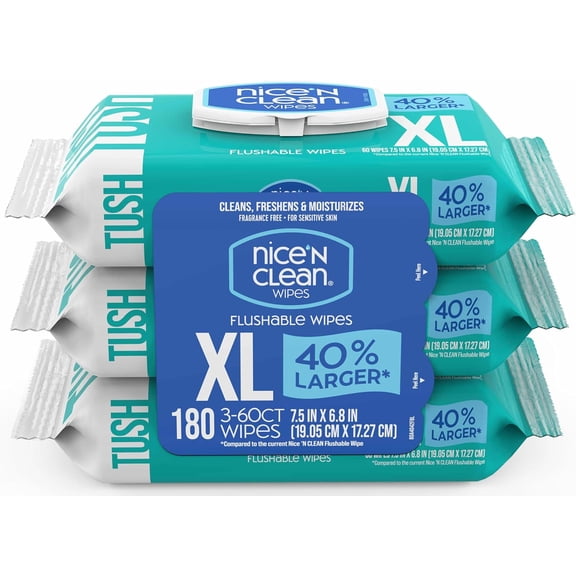 Extra Large Flushable Wipes | 40% Larger 6.8" x 7.5" Unscented XL Adult Wet Septic and Sewer Safe Fragrance Free, Hypoalleric, Plant Based 180 Butt