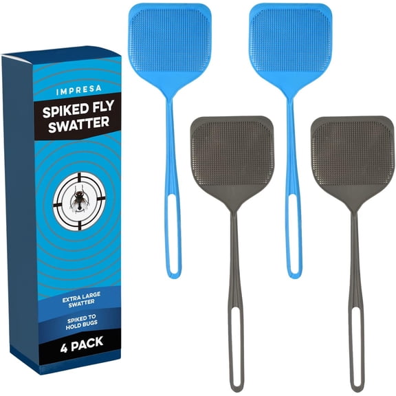 Extra Large Fly Swatter - 4-Pack, Blue & Grey Spiked Fly Swatter with 5 Smashing Surface - Hygienic Bug Picker Upper Tool - Durable Heavy Duty Swatting Tool