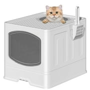 Cshidworld Large Foldable Cat Litter Box with Scoop, Front Entry Top Exit Cat Litter Pan with Lid, Enclosed Anti-Splashing Kitty Litter Box, Drawer Type Cat Litter Easy Cleaning and Scoop, White