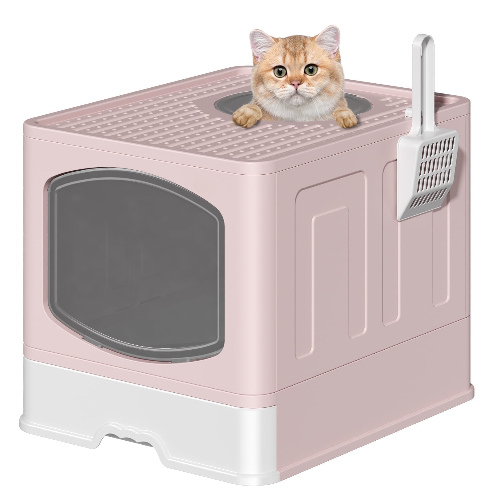 Cshidworld Large Foldable Cat Litter Box with Scoop, Front Entry Top Exit Cat Litter Pan with Lid, Enclosed Anti-Splashing Kitty Litter Box, Drawer Type Cat Litter Easy Cleaning and Scoop, Pink