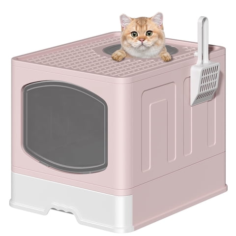 Cshidworld Large Foldable Cat Litter Box with Scoop, Front Entry Top Exit Cat Litter Pan with Lid, Enclosed Anti-Splashing Kitty Litter Box, Drawer Type Cat Litter Easy Cleaning and Scoop, Pink