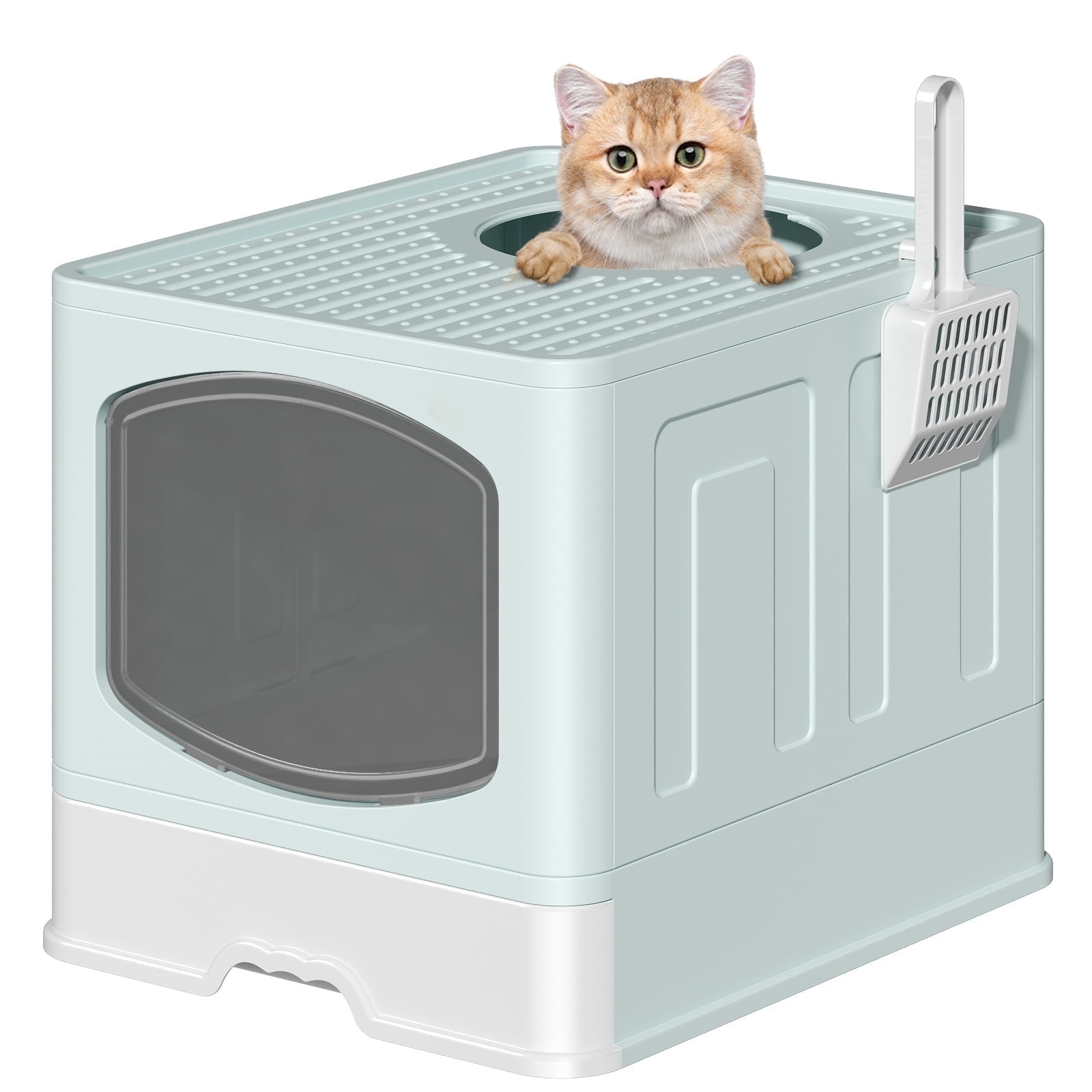 Cshidworld Large Foldable Cat Litter Box with Scoop, Front Entry Top Exit Cat Litter Pan with Lid, Enclosed Anti-Splashing Kitty Litter Box, Drawer Type Cat Litter Easy Cleaning and Scoop, Blue