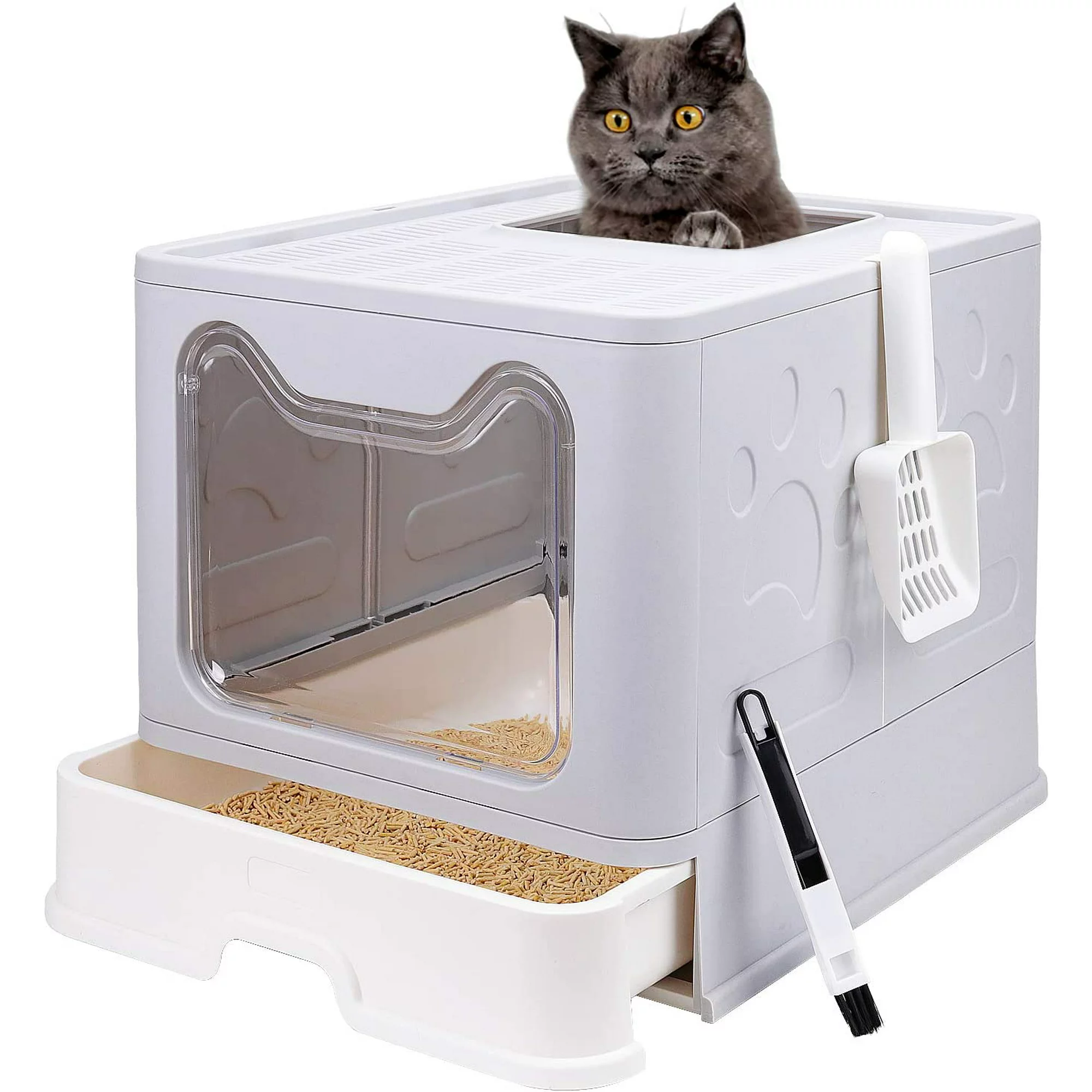 Extra Large Foldable Cat Litter Box with Cat Litter Scoop, Front Entry