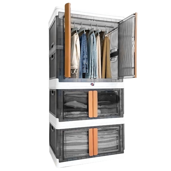 Extra Large Foldable Closet Organizer - 2x19 Gal +1x38 Gal Stackable Bins with Lids, Doors, Rods & Wheels for Home, Office & School
