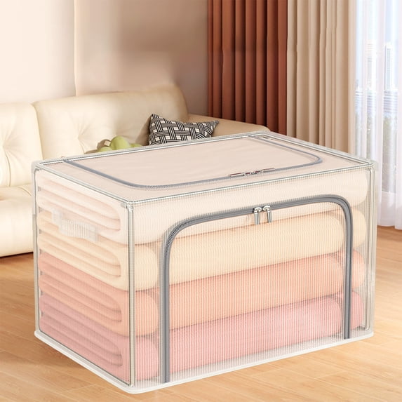 Extra-Large Foldable Clothing Storage Box, Stackable Metal Frame, Linen Fabric Organizer with Transparent Window and Handles, Closet and Bedroom Storage