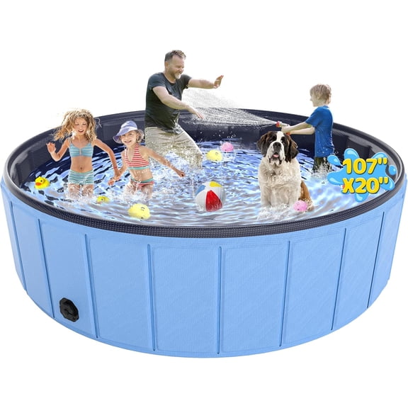 Extra Large Foldable Dog Pool 107”x20”, Heavy Duty Hard PVC Collapsible Dog Pool for Large Dogs and Kids, Leakproof Non-Slip Pet Wading & Bathing Tub with Drain, for Indoor & Outdoor Use