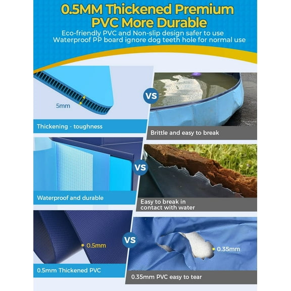 Extra Large Foldable Dog Pool XXL, Hard Plastic Shell Portable Swimming Pool for Dogs Cats and Kids Pet Puppy Bathing Tub Collapsible Kiddie Pool (67inch.D x 11.8inch.H, Blue)