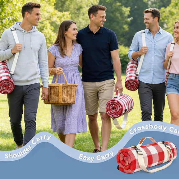 Extra Large Foldable Picnic Blanket Brown & White Checkered Beach Mat Portable(Red-200X200Cm)