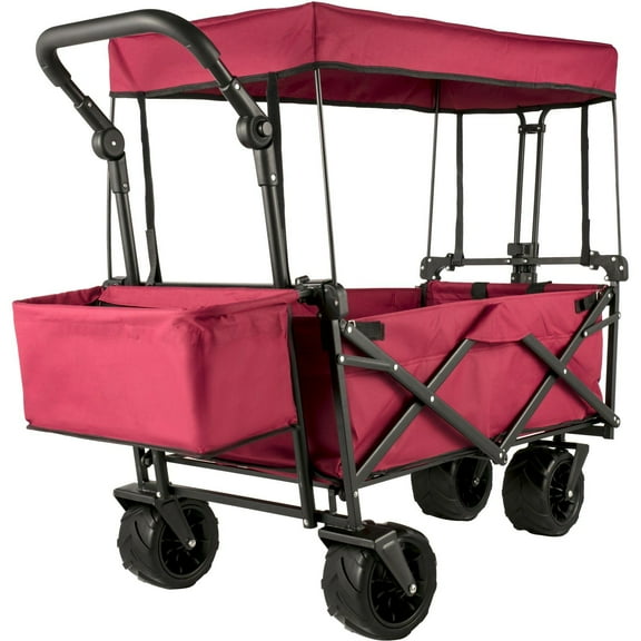 Extra Large Folding Garden Wagon Cart with Removable Canopy Wheels and Rear Storage for Camping Grocery Shopping Red