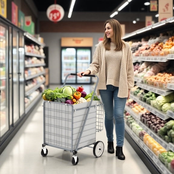 Extra Large Folding Shopping Cart with Wheels and Waterproof Bag, Heavy Duty Grocery Cart with Steel Frame, Holds Up to 300 LBS, 42 Gallon, Gray