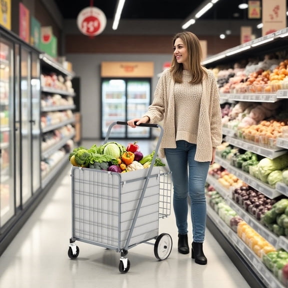 Extra Large Folding Shopping Cart with Wheels and Waterproof Bag, Heavy Duty Grocery Cart with Steel Frame, Holds Up to 300 LBS, 42 Gallon, Gray