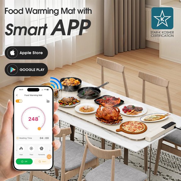 Extra Large Food Warming Mat with APP, 37"x15" Temperature & Timer Settings, Heats in 5s, Electric Warming Tray with Child Safety Lock, Warming Mat for Food & Countertop - Kosher Certified