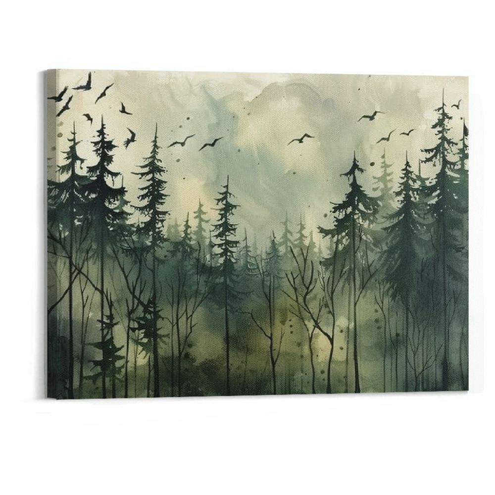 Extra Large Framed Canvas Print Wall Art Misty Forest Watercolor ...