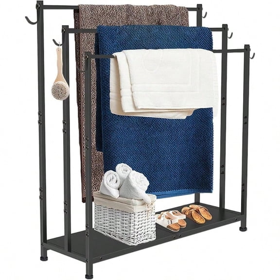 Extra Large Free Standing Towel Rack with Metal Storage Shelf 6 Hooks for Bathroom 3 Tiers Heavy Duty Blanket Drying Stand Holder for Outdoor Pool Bedroom Living Room Black