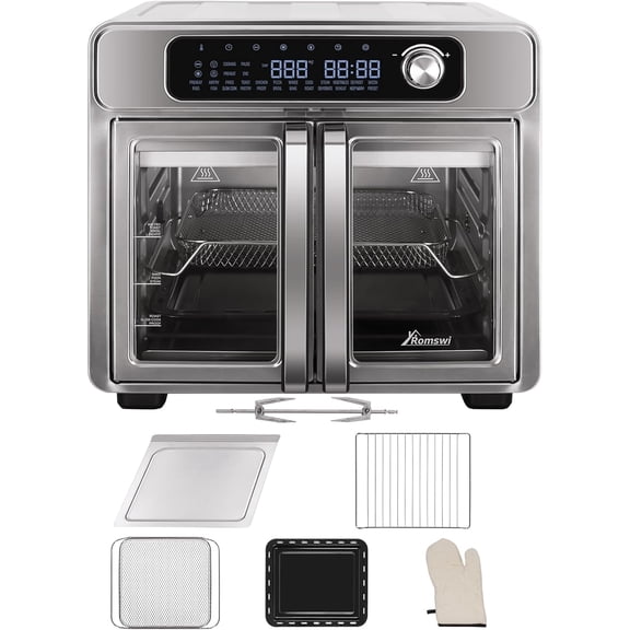 Extra Large French Door Air Fryer Toaster Oven Combo, 24 Cooking Functions and Digital Controls, 6 Accessories Included, Stainless Steel Finish, 26QT Capacity, Fits 12" Pizza, Rotisserie 6lb Chicken
