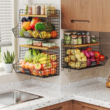 3-Pack Stackable Wire Basket with Wood Lid - Wall Mounted Fruit ...