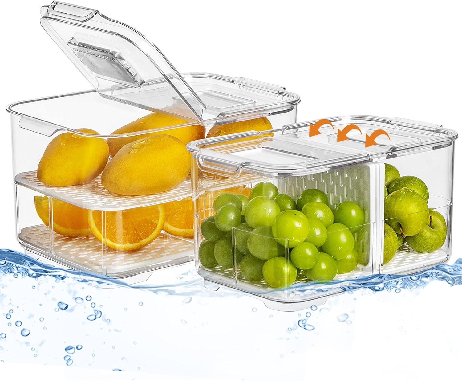 Extra Large Fruit Vegetable Storage Container with Folding Lids, 3 Pack Produce Saver with Vents Stackable Fridge Organizer Salad Lettuce Keeper For Refrigerator, 9L&5.7L&2.8L