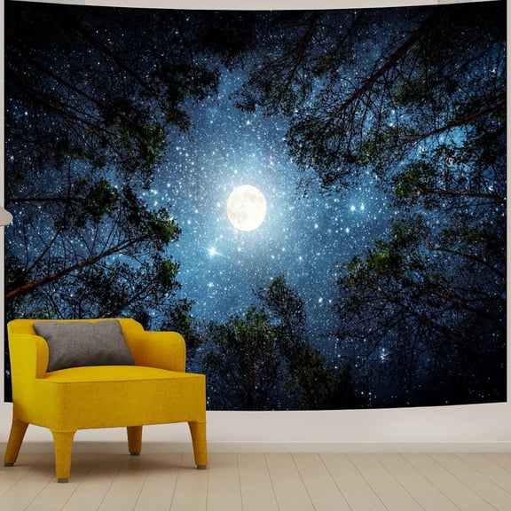Extra Large Galaxy Forest Tapestry Wall Hanging With Milky Way Moon and Stars, 71" x 90", Blue Night Sky Aesthetic Backdrop for Bedroom Ceiling and Living Room Decor