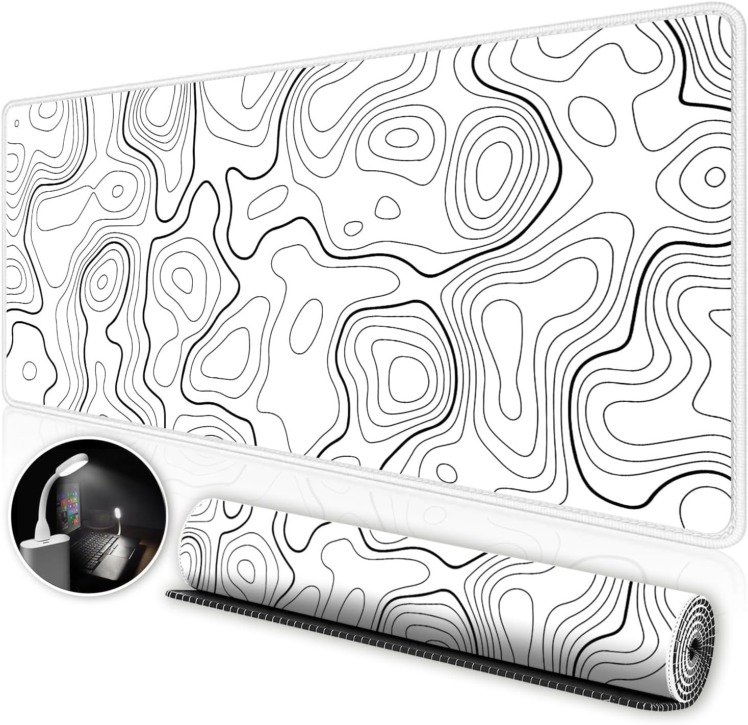 Extra Large Gaming Mouse Pad 35.4 x 15.7 Inch, Extended Mousepad with Stitched Edges, Smooth Cloth Surface, Non-Slip Rubber Base, Waterproof Desk Pad for Keyboard and Mouse, Topographic White