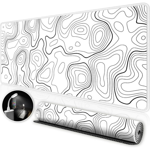 Extra Large Gaming Mouse Pad 35.4 x 15.7 Inch, Extended Mousepad with Stitched Edges, Smooth Cloth Surface, Non-Slip Rubber Base, Waterproof Desk Pad for Keyboard and Mouse, Topographic White