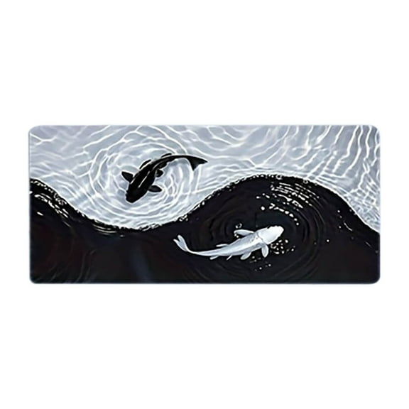 Extra Large Gaming Mouse Pad Desk Mat with Unique Black White Fish Design, Stitched Edges, Non- Rubber Base, Waterproof Surface for PC Gaming, Office, Home Computer Use