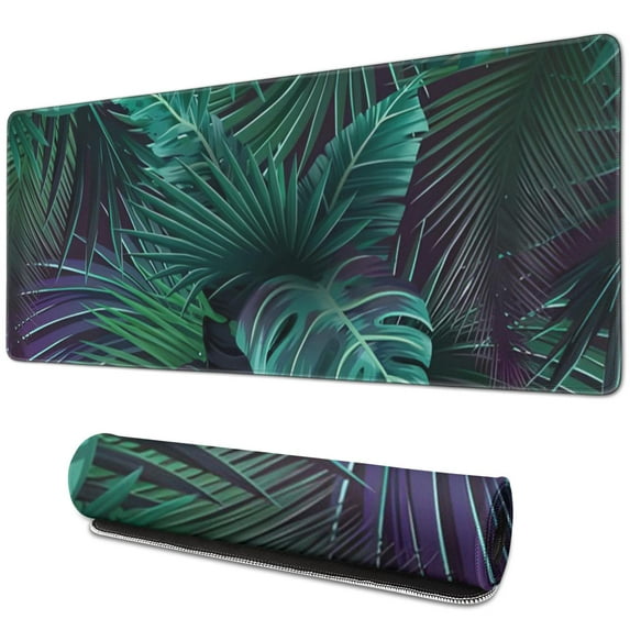 Extra-Large Gaming Mouse Pad with Lush Teal Tropical Leaves - Waterproof, Stitched Edge, Non-Slip Mat, Perfect for Computer, Keyboard, Laptop, Office Work - 31.5 x 11.8 Inch
