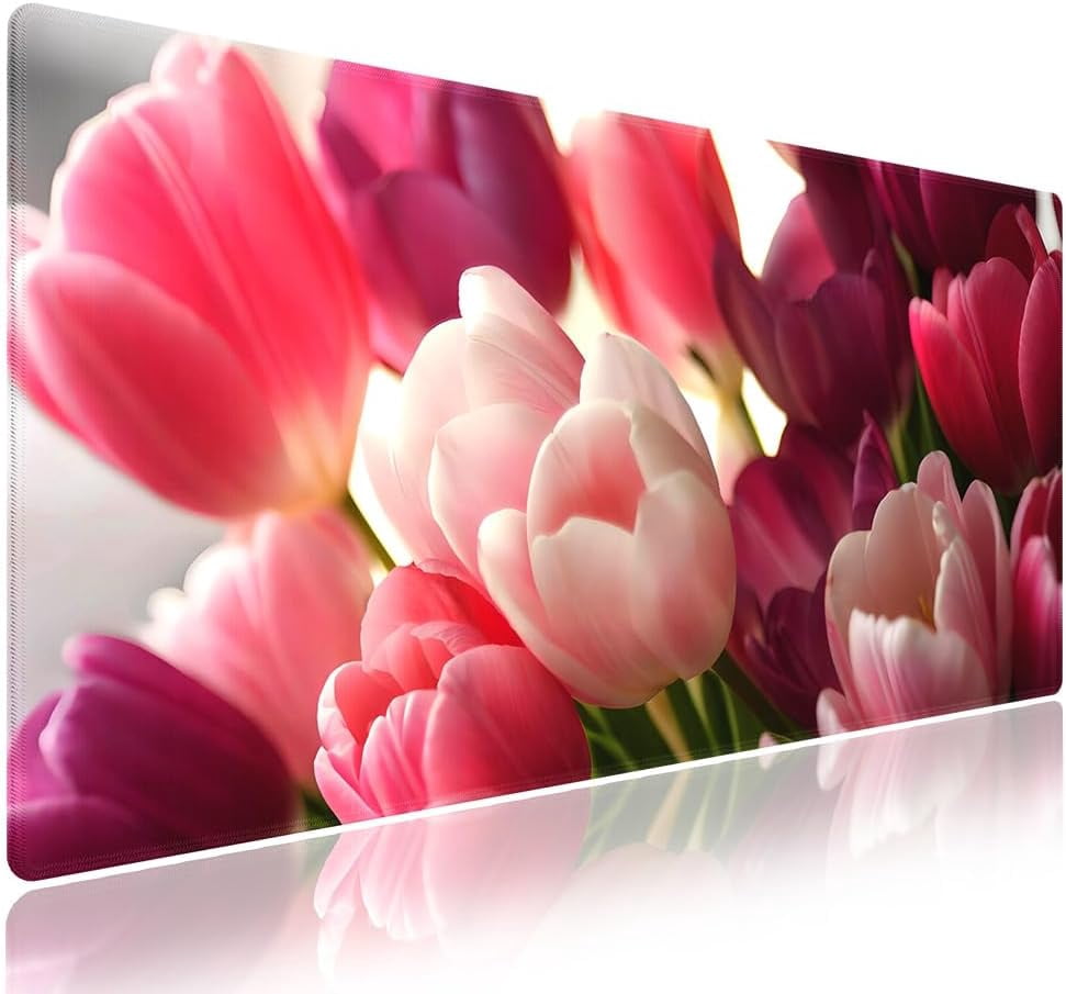 Extra Large Gaming & Office Mouse Pad (31.5" x 11.8") with Durable Stitched Edges – Bouquet of Tulips Flowers Pink and Purple Blossoms Girly Floral Close-up, Anti-Slip Extended XXL Desk Mat