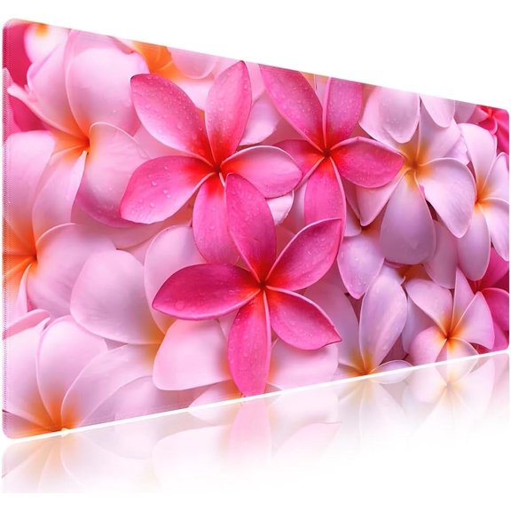 Extra Large Gaming & Office Mouse Pad (31.5" x 11.8") with Durable Stitched Edges – Girly Tropical Plumeria Flowers Bliss Close-up of Vibrant Red Hot Pink Exotic Hawaii Floral, XXL Desk Mat