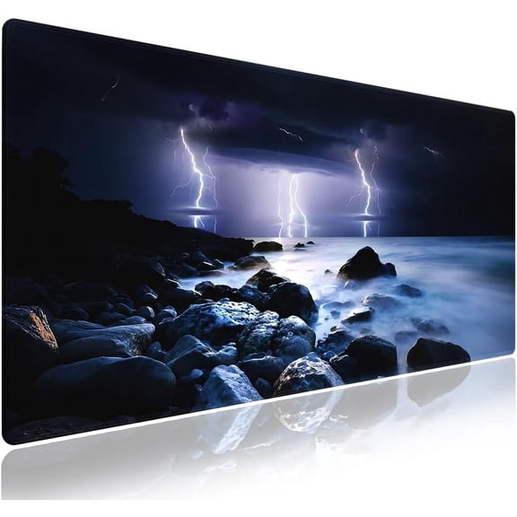 Extra Large Gaming & Office Mouse Pad (31.5" x 11.8") – Nature Lightning Summer Storm Bolts Over Rocks in Ocean Nightmare Theme Weather, Anti-Slip XXL Desk Mat with Durable Stitched Edges