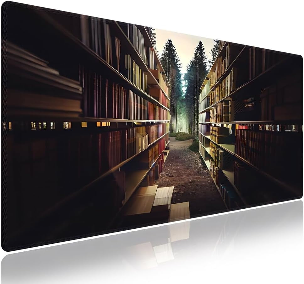 Extra Large Gaming & Office Mouse Pad (31.5" x 11.8") – Vintage Bookshelf Library in Forest Academic Themed, Premium Anti-Slip XXL Desk Mat with Durable Stitched Edges