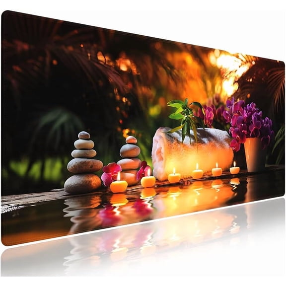 Extra Large Gaming & Office Mouse Pad (31.5" x 11.8") – Zen Zone Mindful Serenity Glowing Candles Orchid Whispers and Stone Harmony, Anti-Slip XXL Desk Mat with Durable Stitched Edges