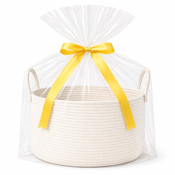 SweetMemo Large Woven Rope Gift Basket Empty to Fill with Gift Bag and Ribbon, 15.7 in D x 9.8 in H, White