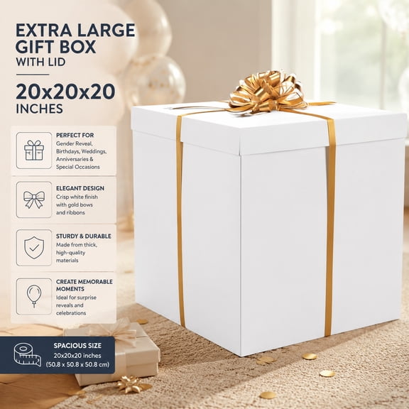 Extra Large Gift Box with Lid, Giant White Gift Box 20x20x20 Inches, Perfect for Gender Reveal, Birthday, Wedding, and Special Celebrations with Bows and Ribbons