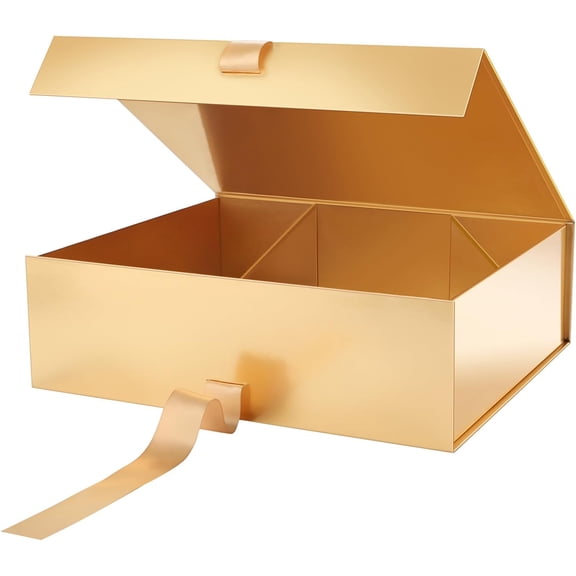 Extra Large Gift Box with Lid and Magnetic Closure, 17 x 14.5 x 5.5 Inches, Glossy Gold Finish