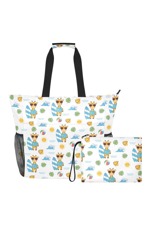 Extra Large Giraffe Surfing Beach Bag for Women Waterproof Tote with Zipper Pockets