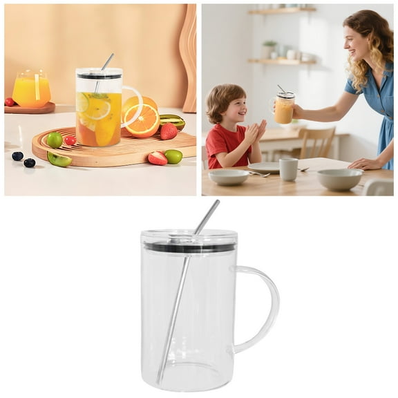 Extra Large Glass Drinking Cup With Lid Straw For Home Kitchen Drinkware Accessories Ideal Iced Beverage Tumbler