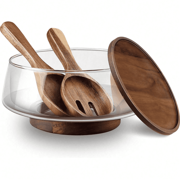 Extra Large Glass Salad Bowl with Lid Set, 5.7L Large Decorative Serving Bowl for Trifle Dessert & Charcuterie Cheese Board, Complete with Wood Serving Utensils