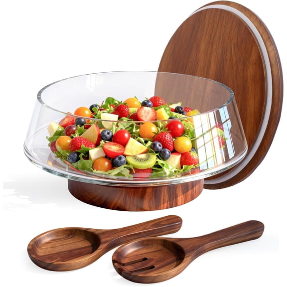 Extra Large Glass Salad Bowl with Lid Set, 5-Qt (160 fl oz) Mixing/Serving Bowl with Wood Base & Salad Servers, Trifle Bowl for Kitchen, Parties & Christmas