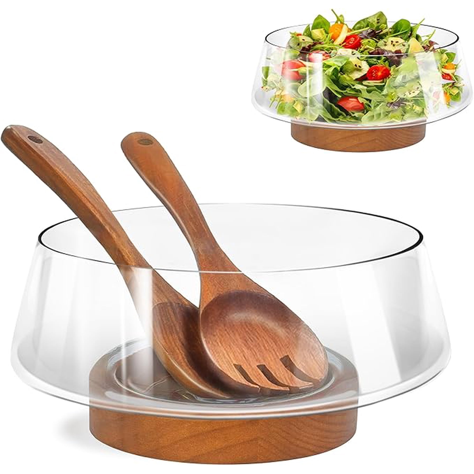 Extra Large Glass Salad Bowl Set - Party Salad Bowls with Acacia Wood Base and Serving Utensils - Elegant and Practical Kitchen Must-Have