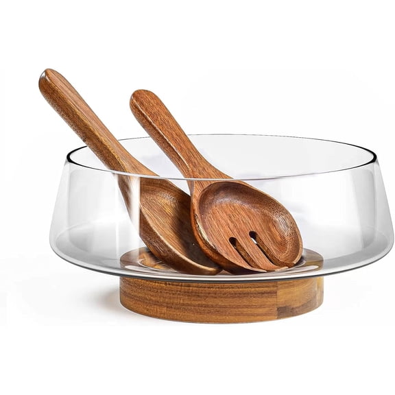 Extra Large Glass Salad Bowl Set - Party Salad Bowls with Acacia Wood Base and Serving Utensils - Elegant and Practical Kitchen Must-Have